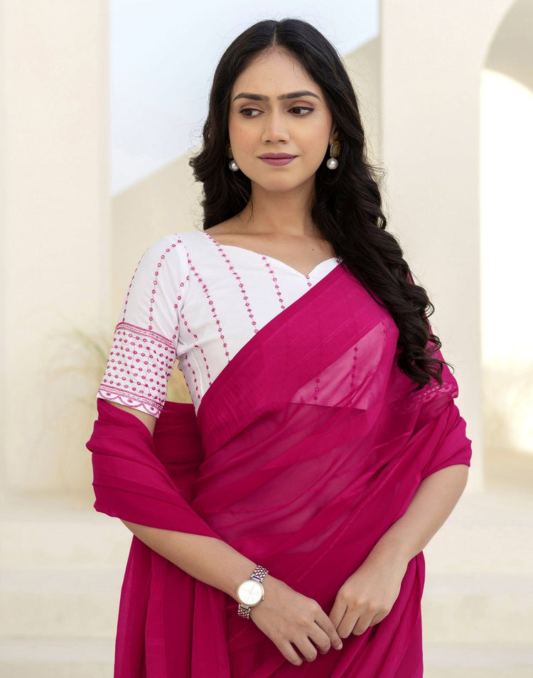 Pink Georgette Woven Plain Saree
