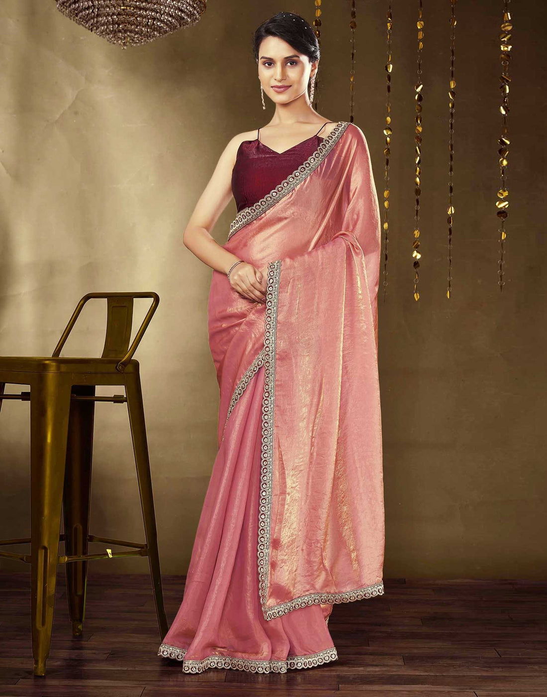 Rose Pink Tissue Silk Lace Plain Saree