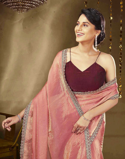 Rose Pink Tissue Silk Lace Plain Saree