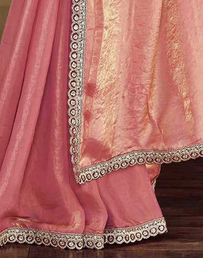 Rose Pink Tissue Silk Lace Plain Saree