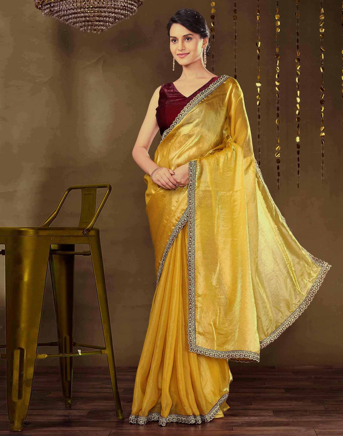 Golden Tissue Silk Lace Plain Saree