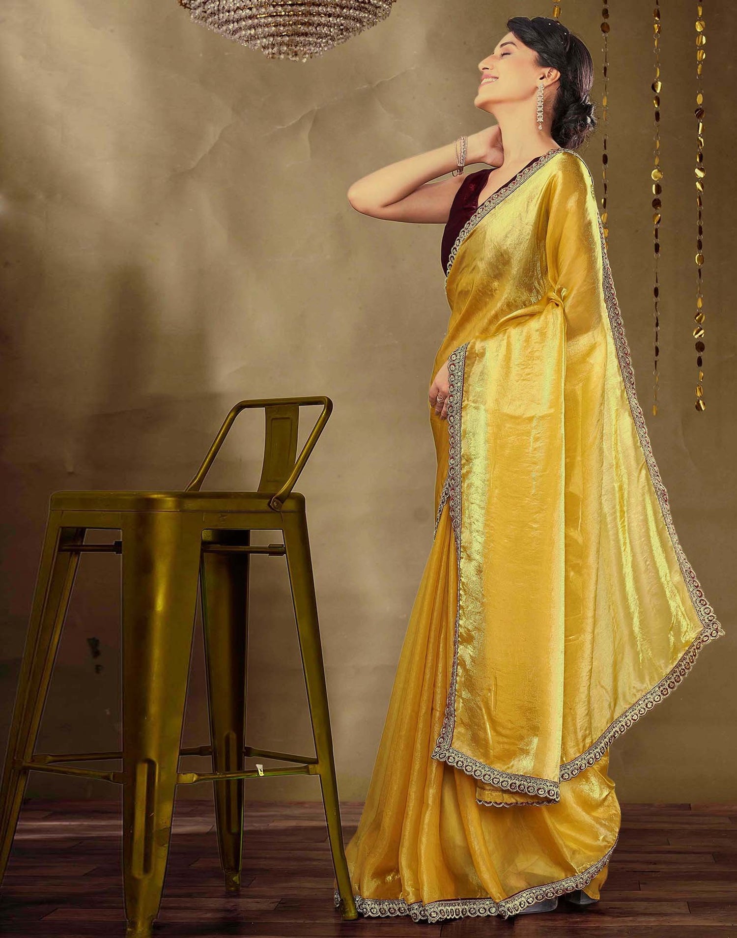 Golden Tissue Silk Lace Plain Saree