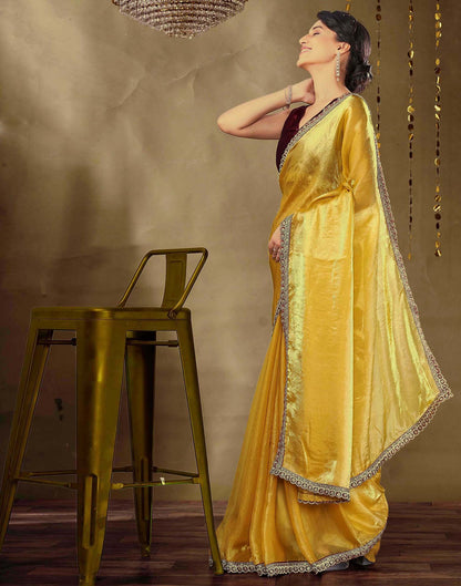 Golden Tissue Silk Lace Plain Saree