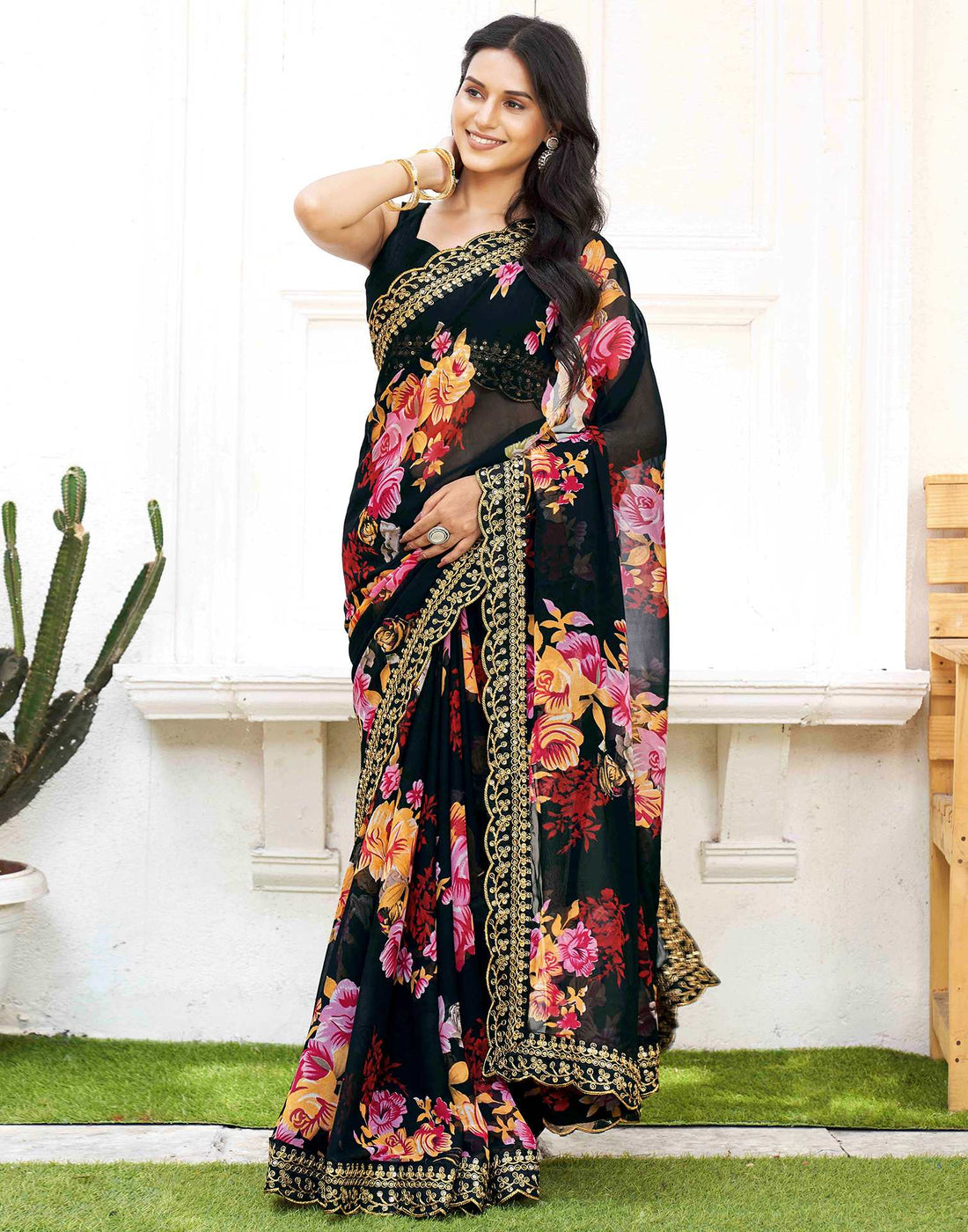 Black Georgette Floral Printed  Saree