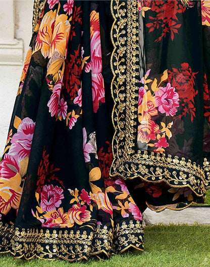 Black Georgette Floral Printed  Saree