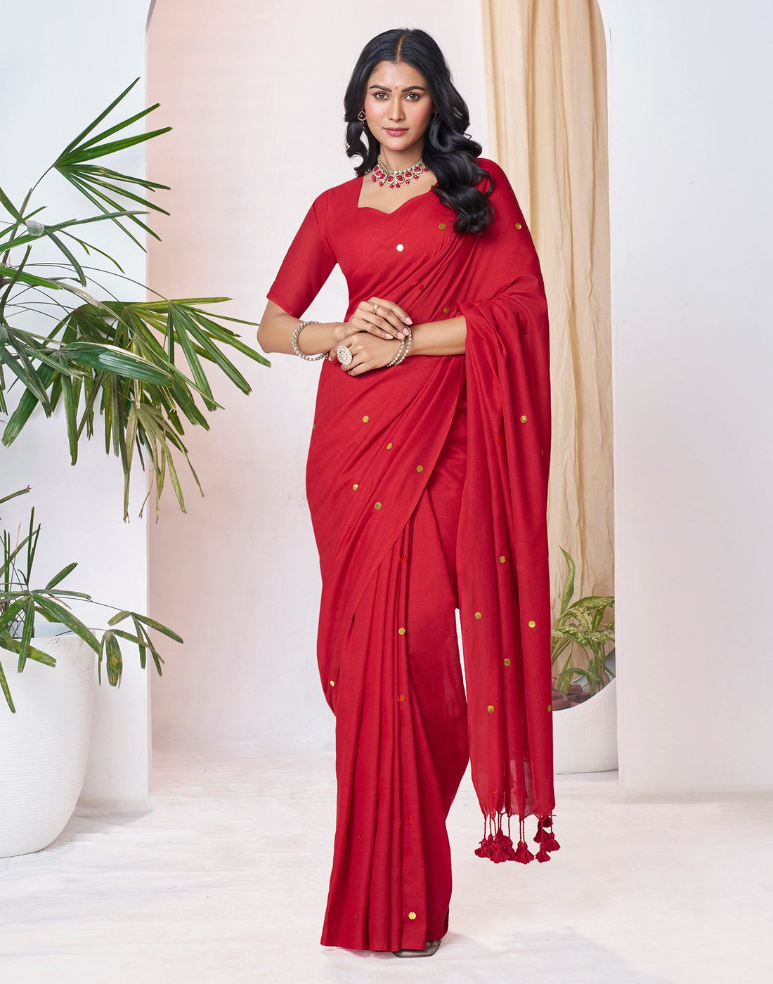 Red Linen Sequence Saree