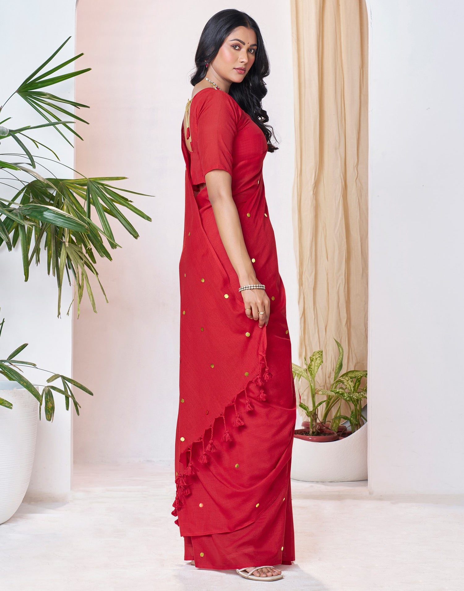 Red Linen Sequence Saree