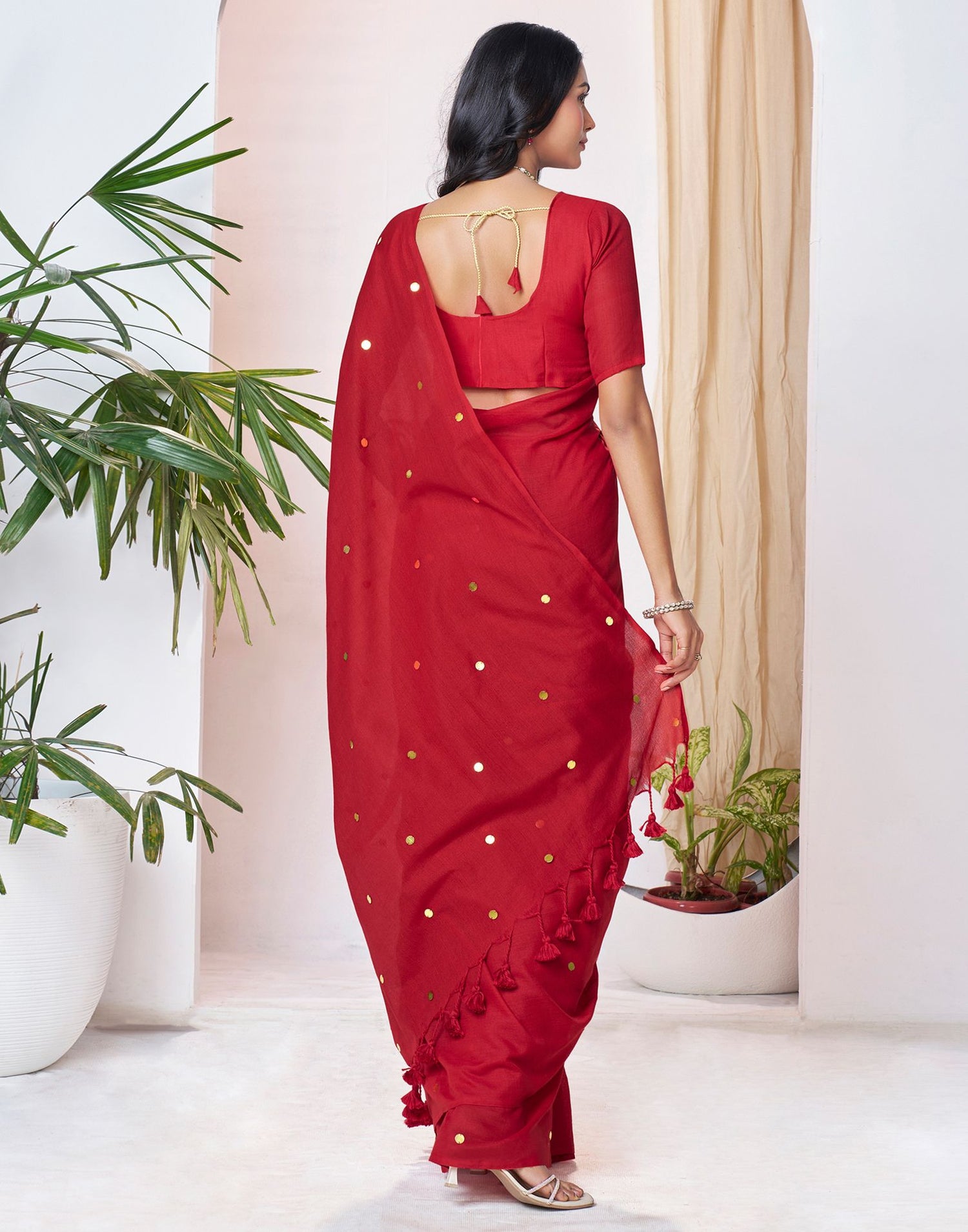 Red Linen Sequence Saree