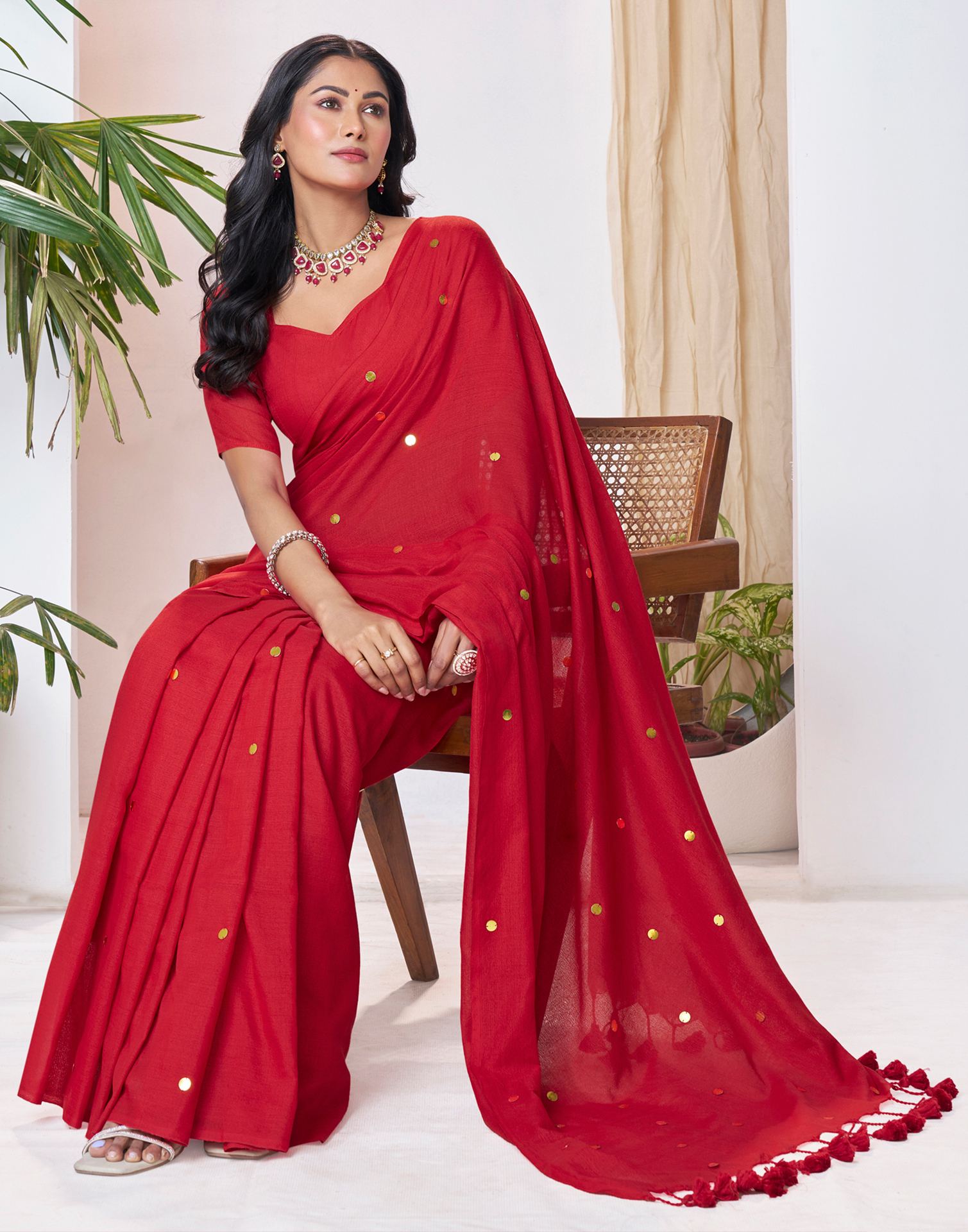Red Linen Sequence Saree