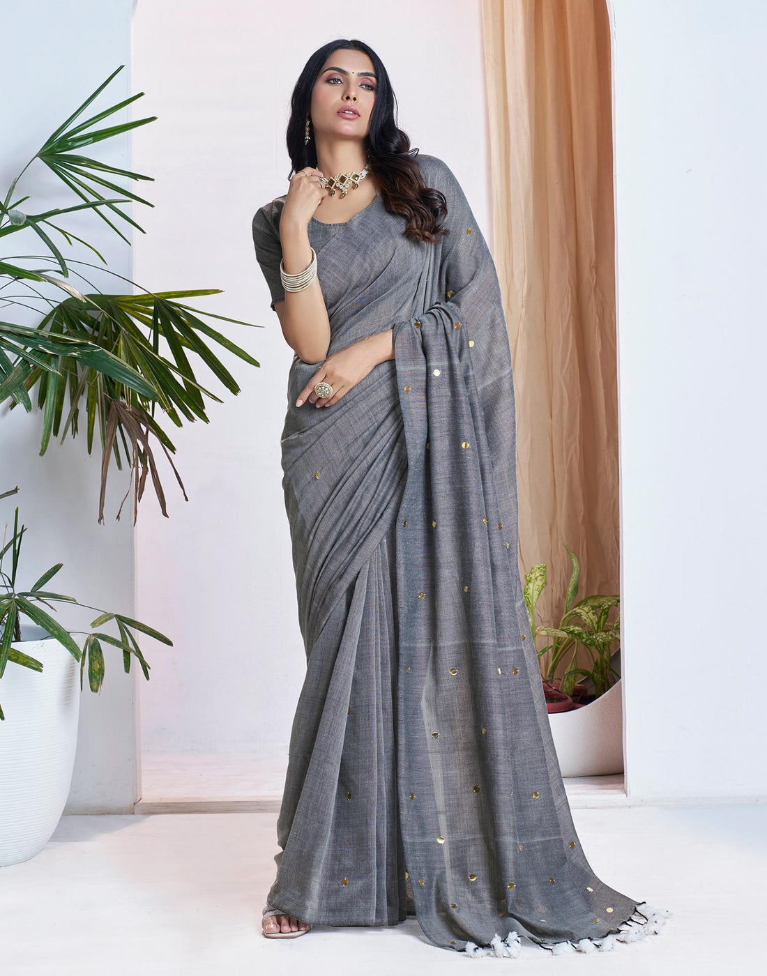 Grey Linen Sequence Saree