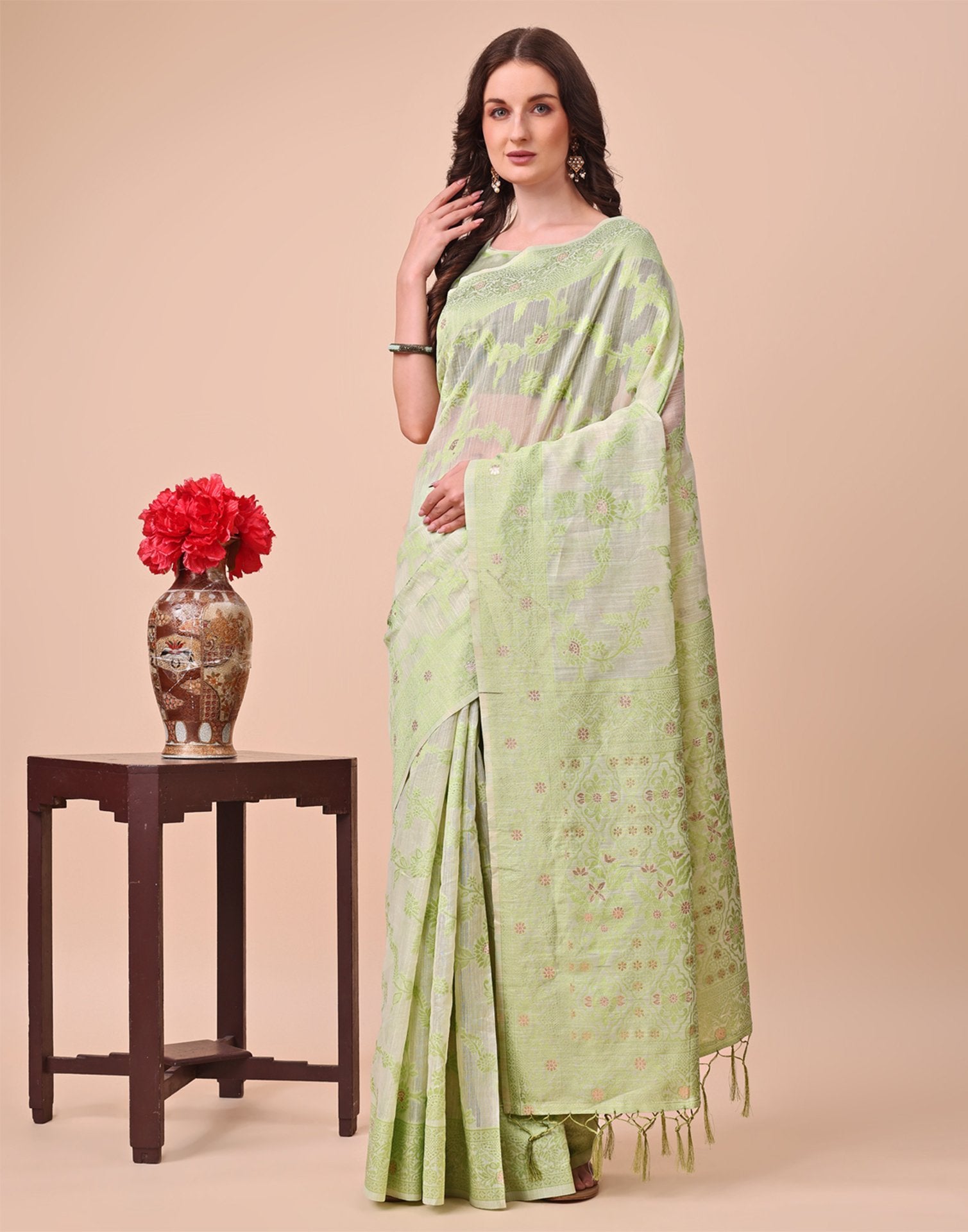 Light Green Cotton Woven Saree