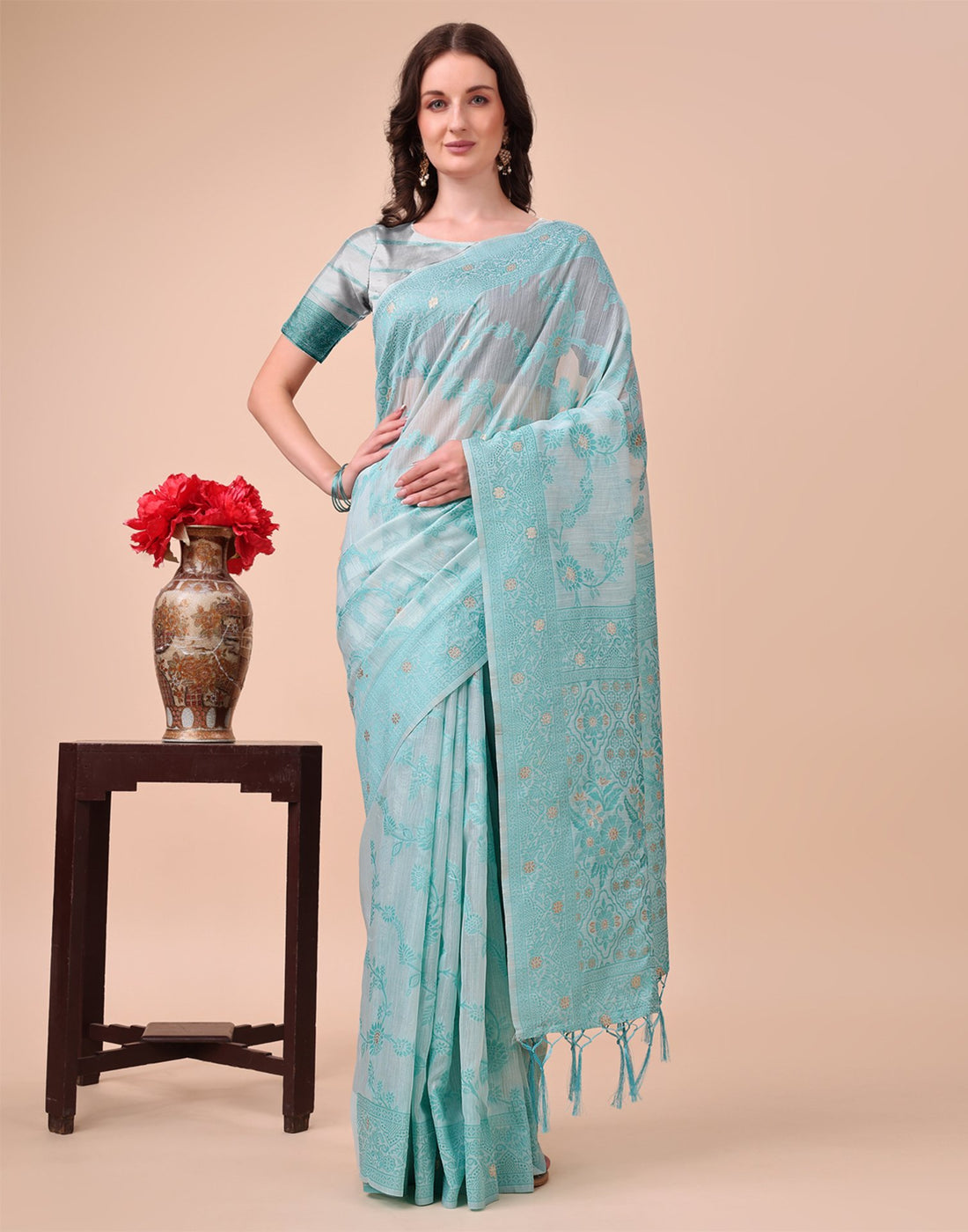Light Blue Cotton Woven Saree