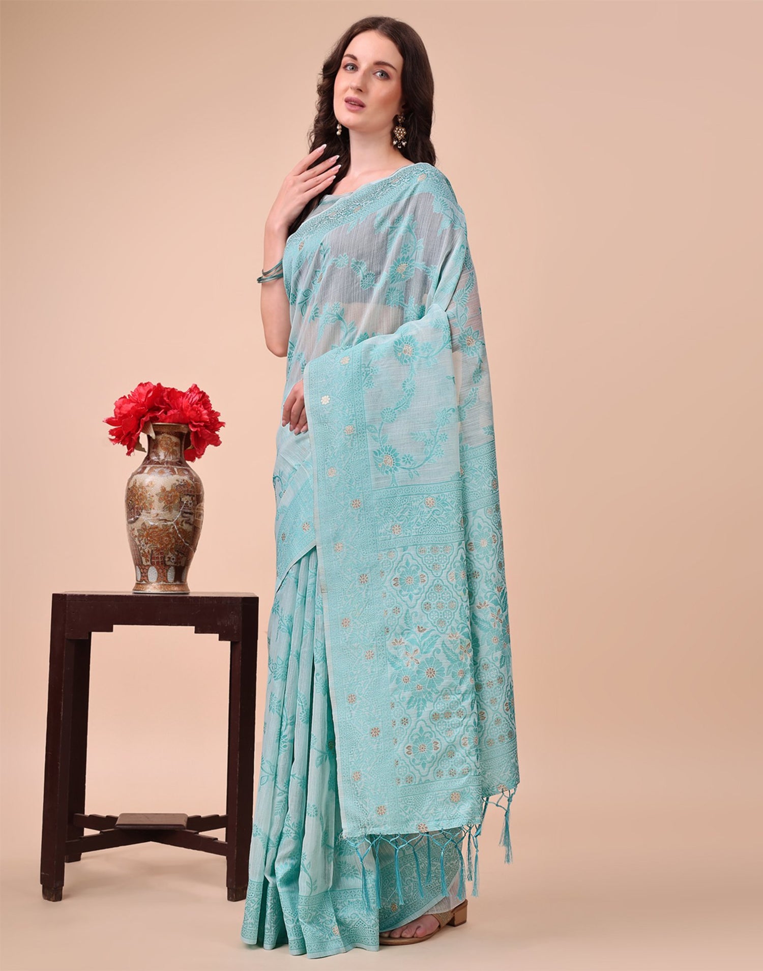 Light Blue Cotton Woven Saree