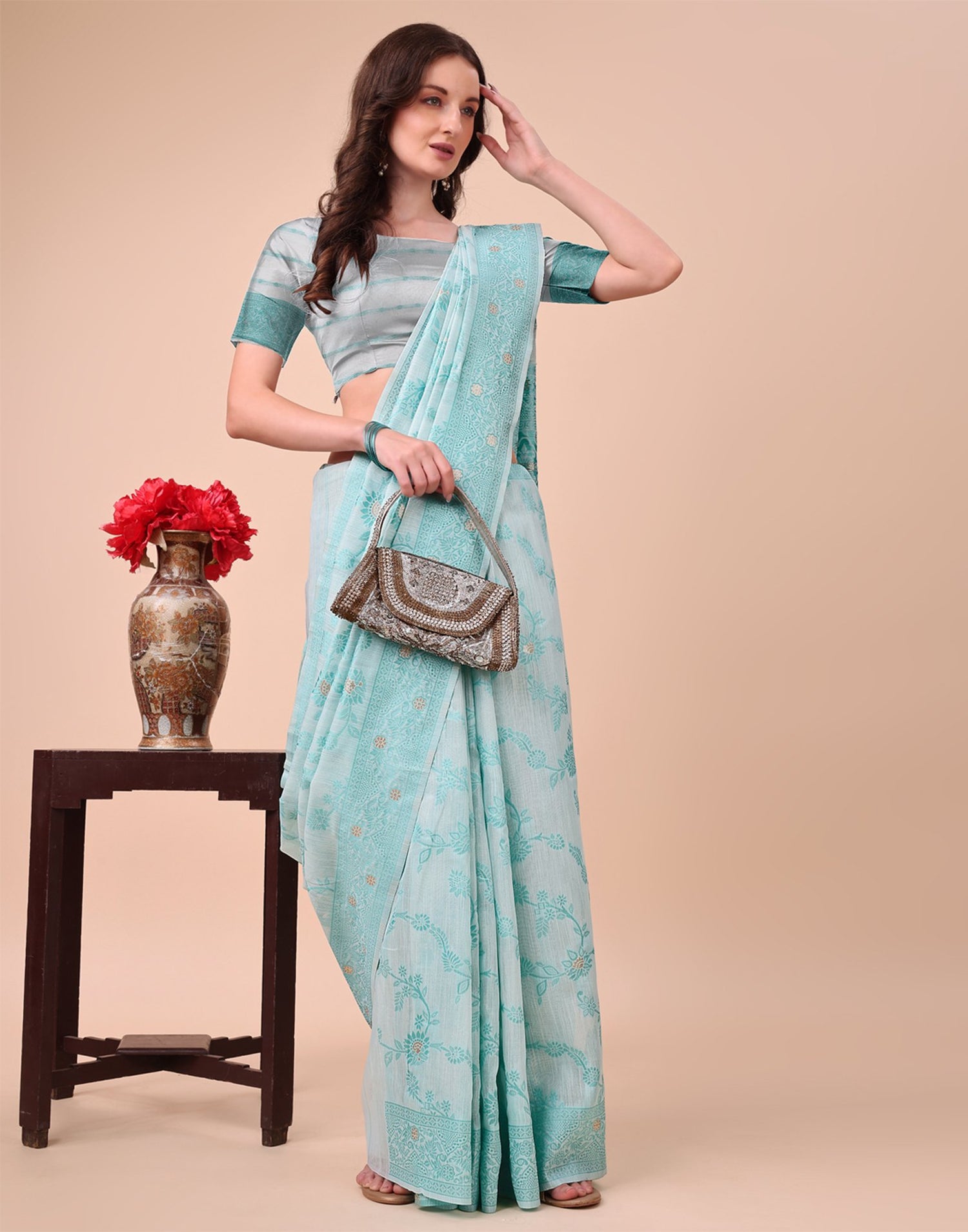 Light Blue Cotton Woven Saree
