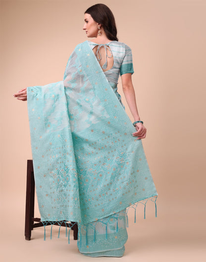 Light Blue Cotton Woven Saree