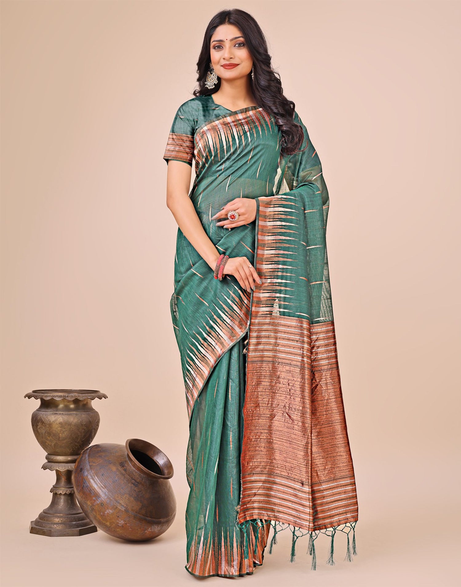 Rama Green Cotton Linen Woven Saree