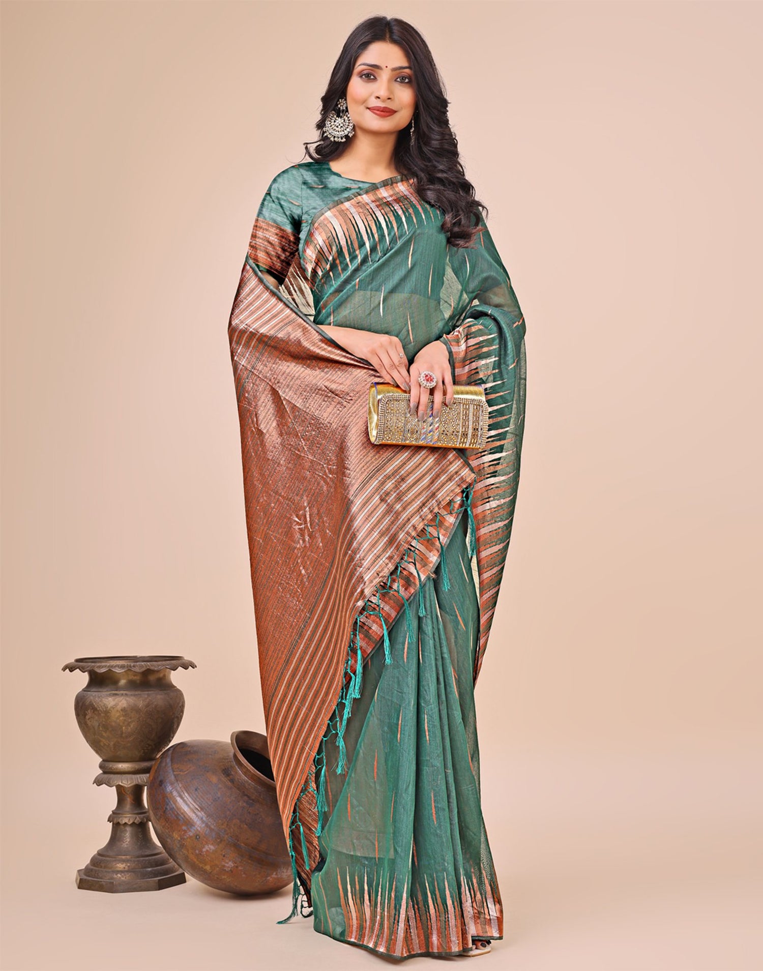 Rama Green Cotton Linen Woven Saree