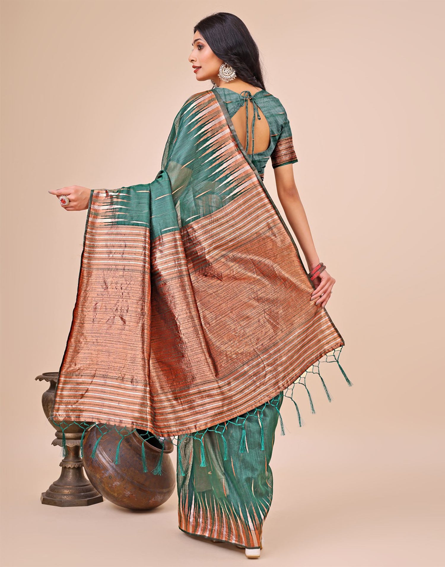 Rama Green Cotton Linen Woven Saree