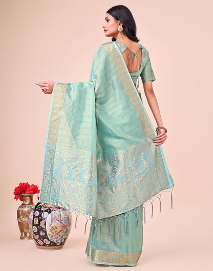 Light Teal Green Organza Woven Kanjivaram Saree