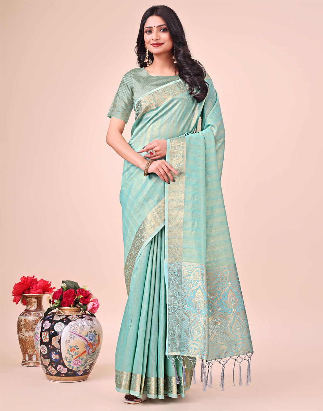 Light Teal Green Organza Woven Kanjivaram Saree