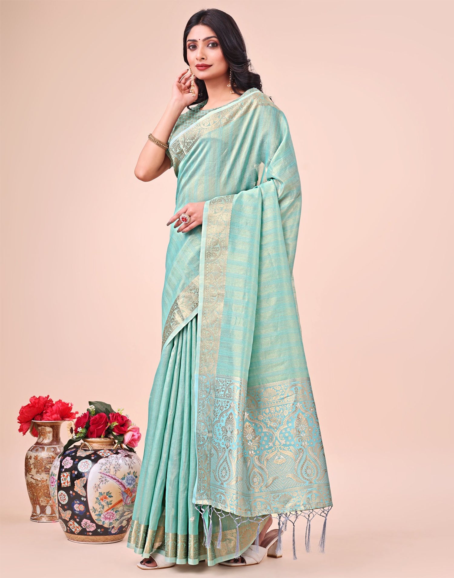 Light Teal Green Organza Woven Kanjivaram Saree