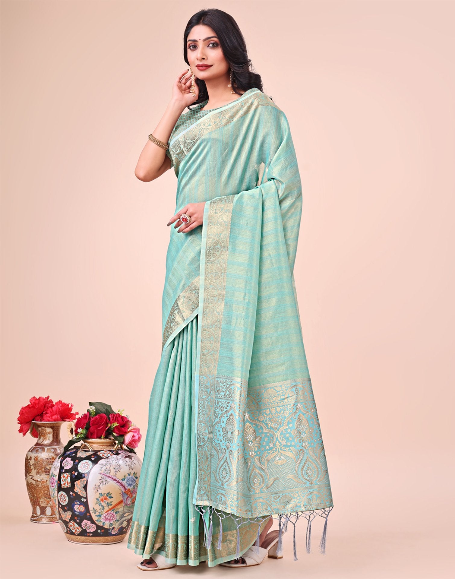 Light Teal Green Organza Woven Kanjivaram Saree