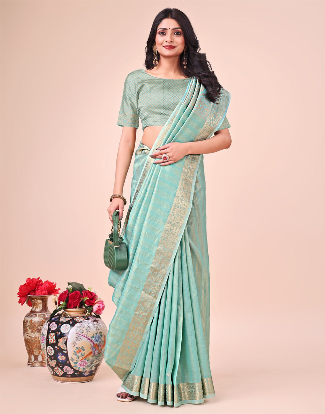 Light Teal Green Organza Woven Kanjivaram Saree
