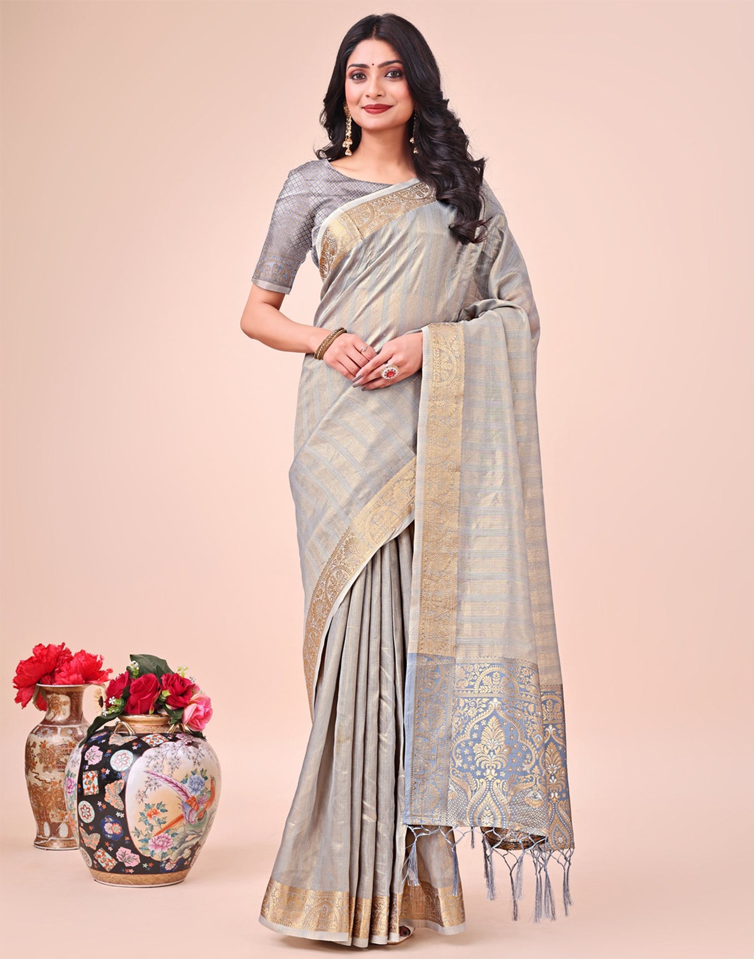 Grey Organza Woven Kanjivaram Saree