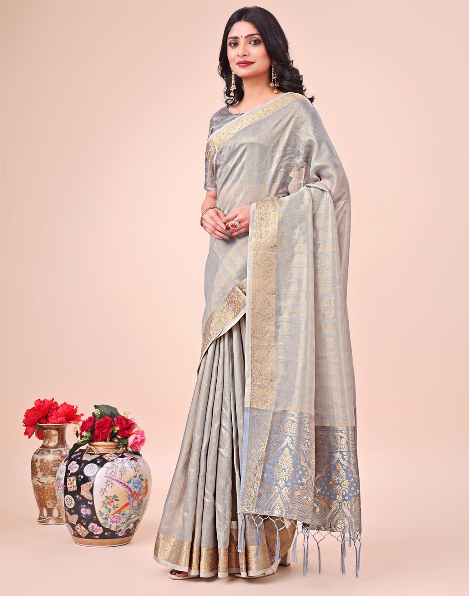 Grey Organza Woven Kanjivaram Saree