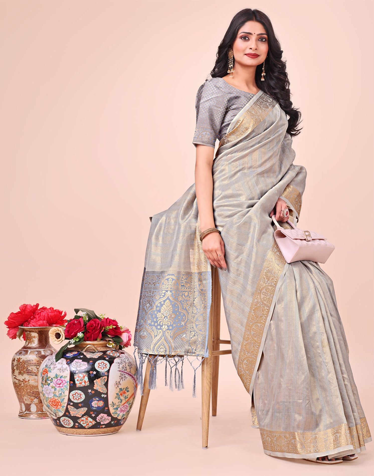 Grey Organza Woven Kanjivaram Saree
