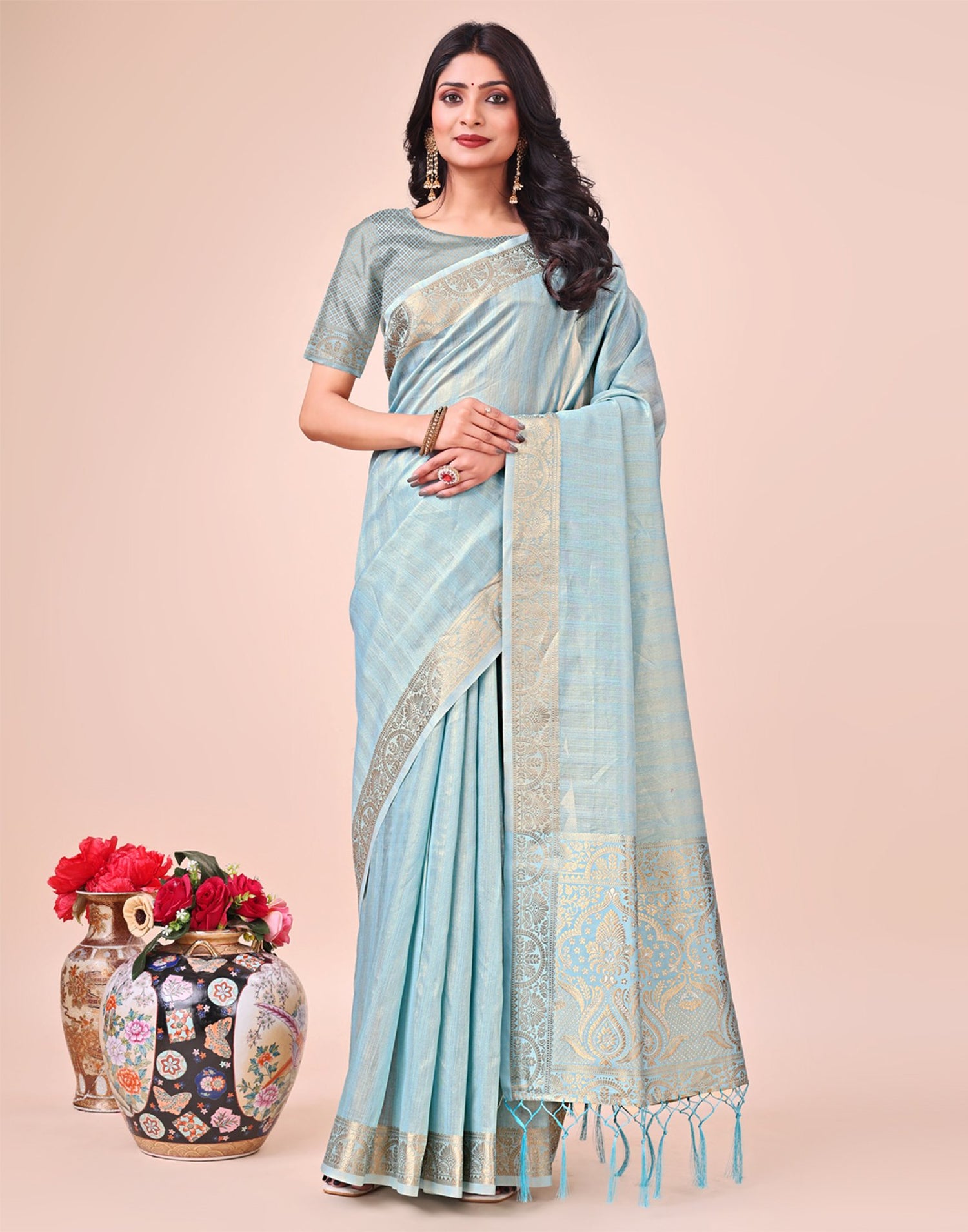 Sky Blue Organza Woven Kanjivaram Saree