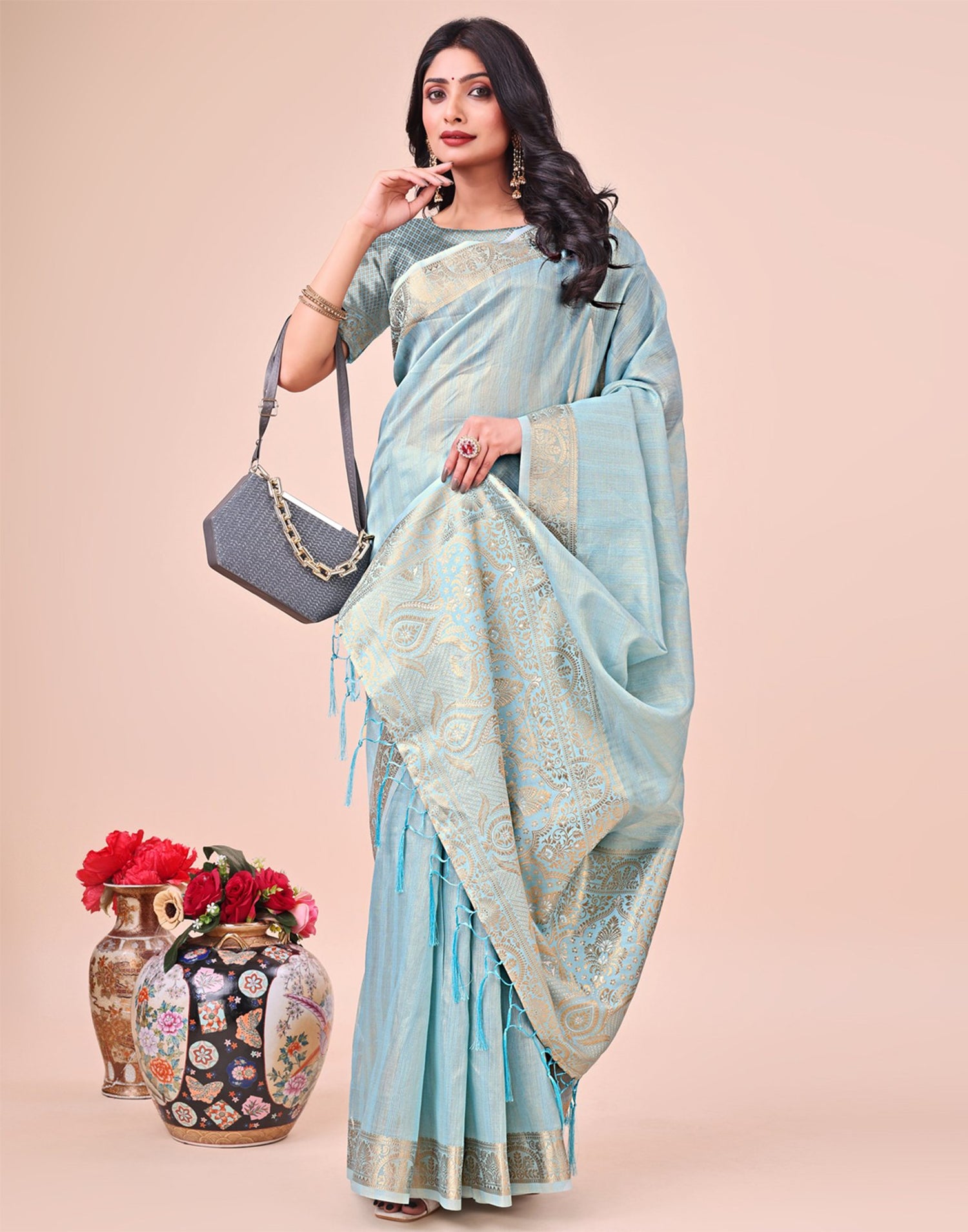 Sky Blue Organza Woven Kanjivaram Saree