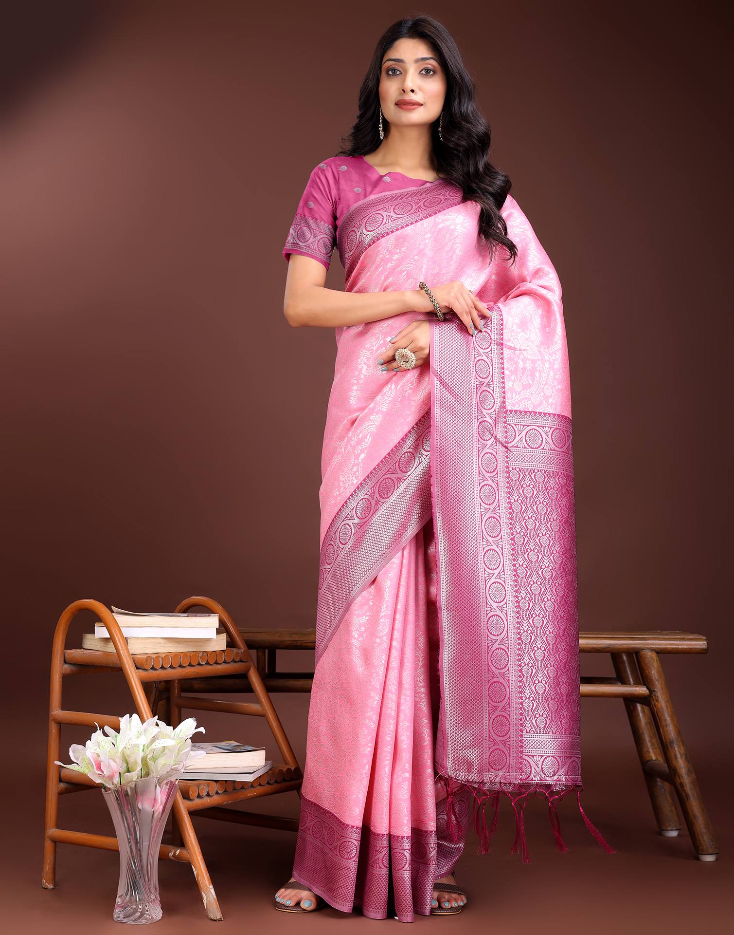 Pink Silk Woven Kanjivaram Saree
