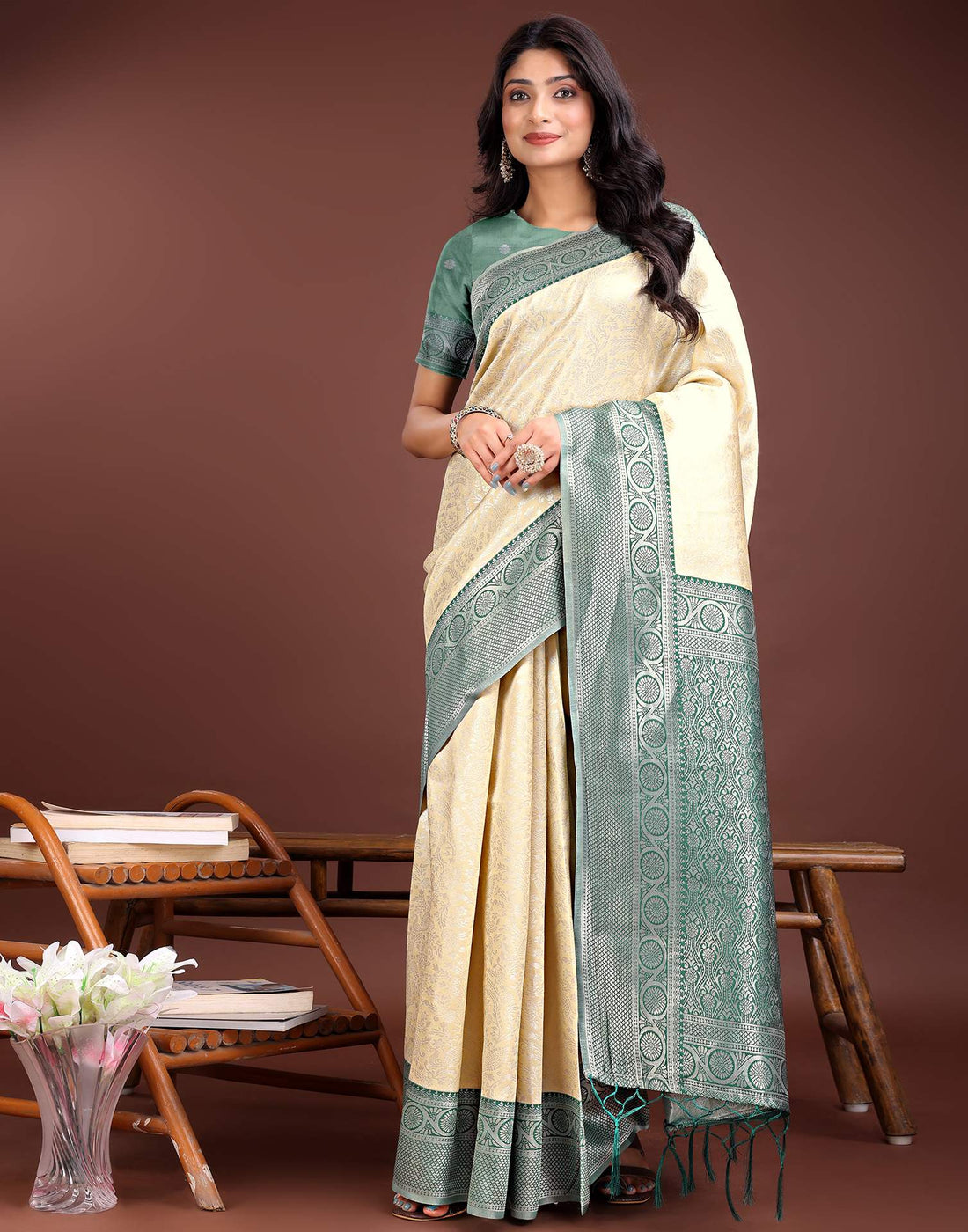 Cream Silk Woven Kanjivaram Saree