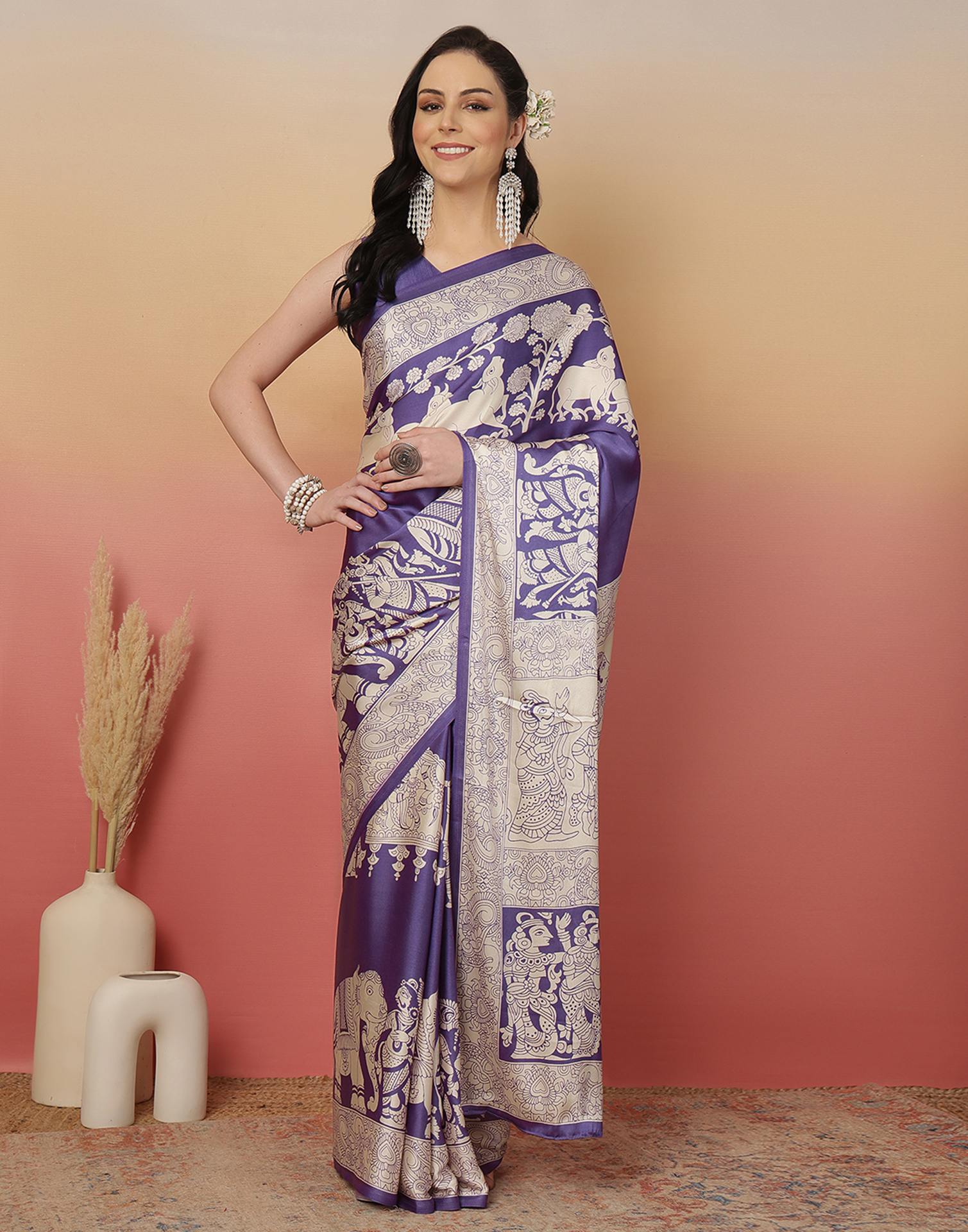 Purple Satin Printed Saree