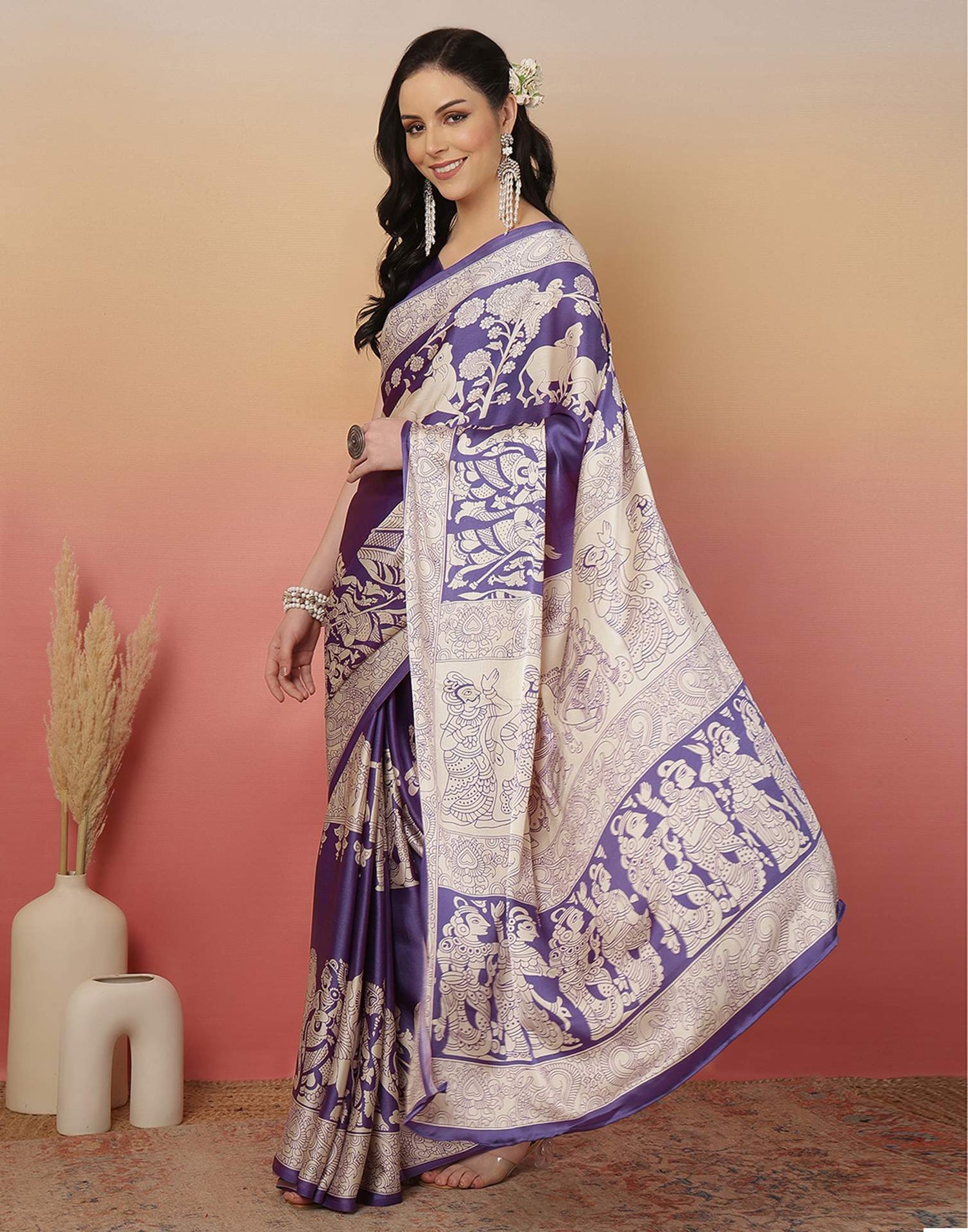 Purple Satin Printed Saree