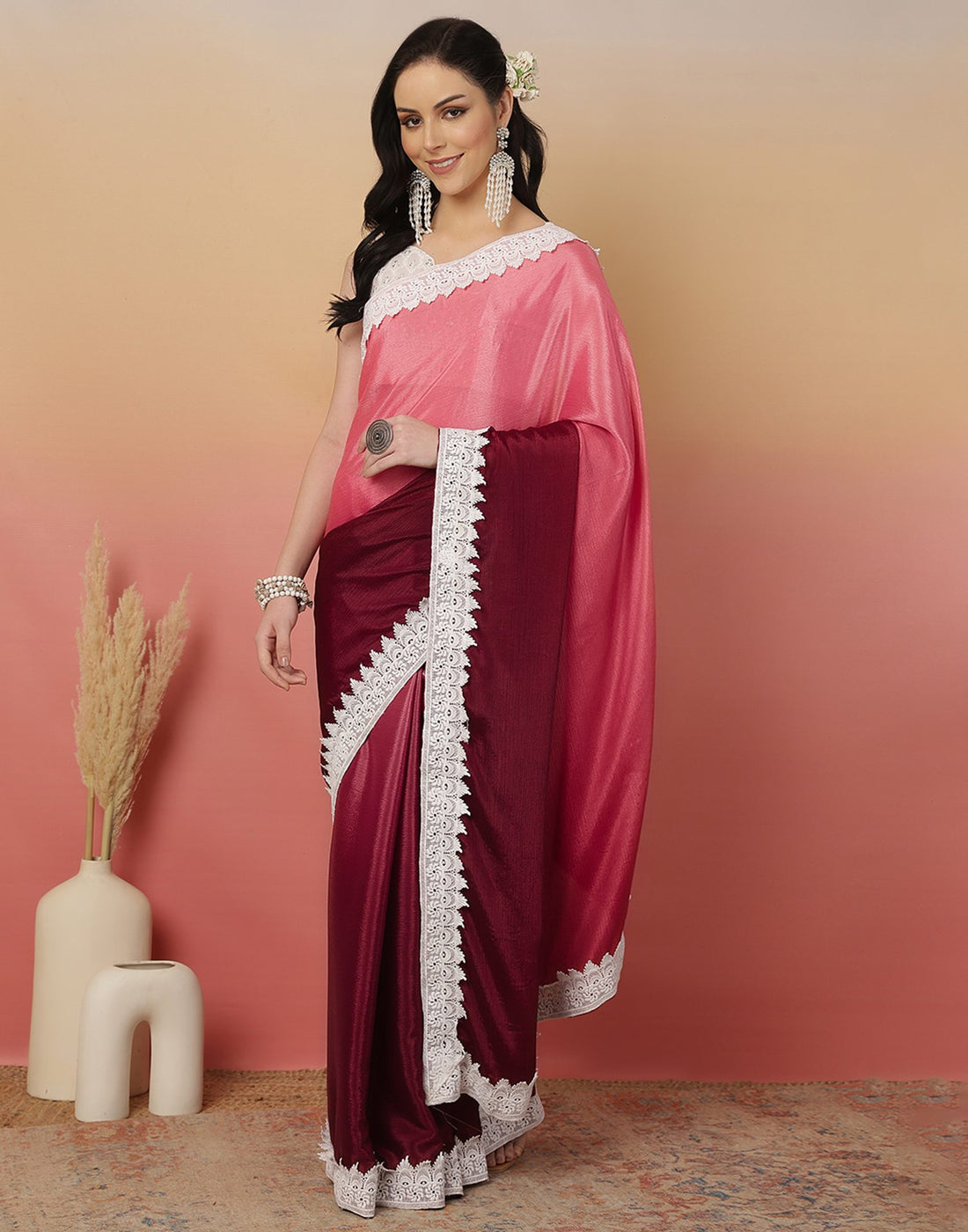 Pink Chiffon Lace Plain Saree