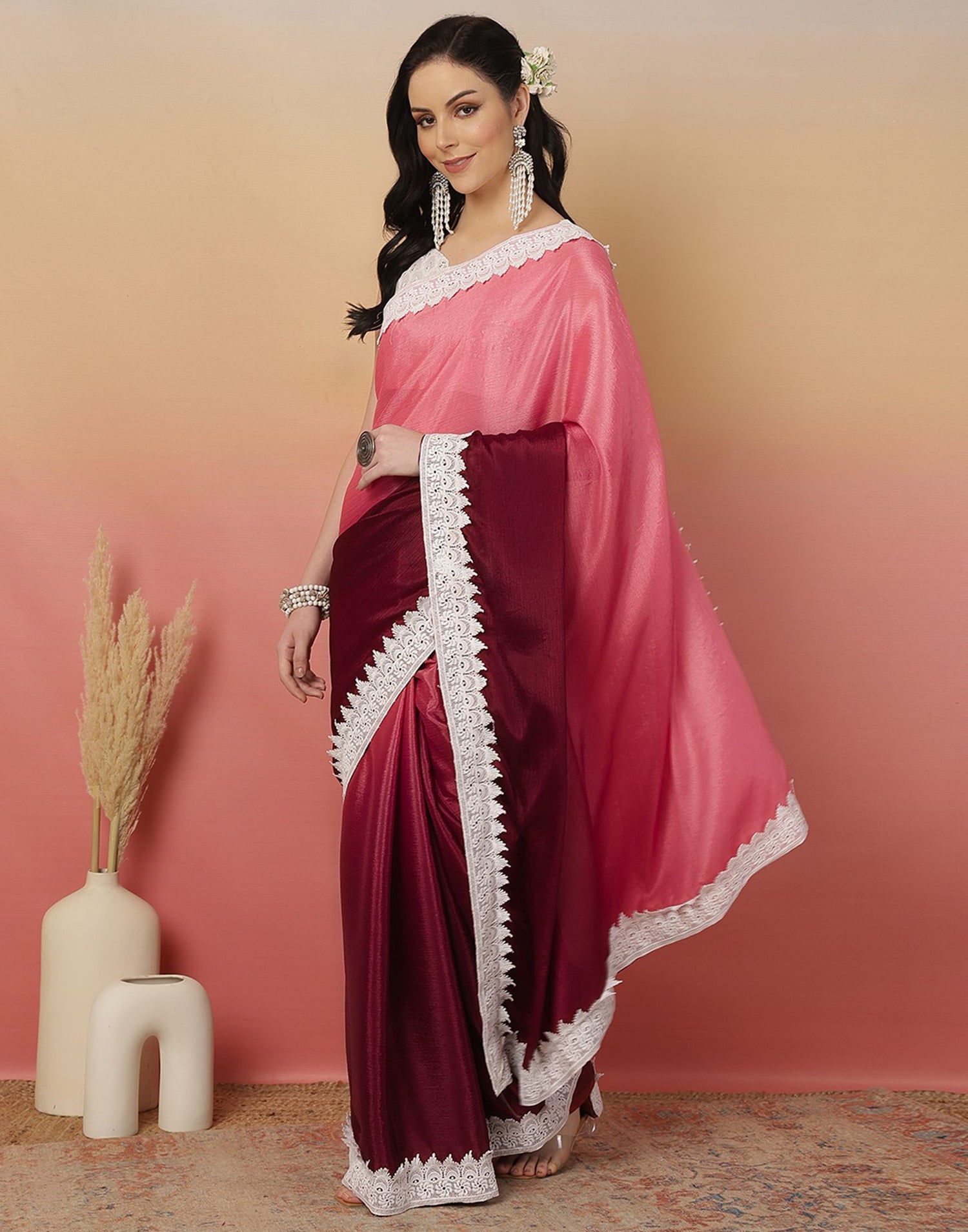 Pink Chiffon Lace Plain Saree