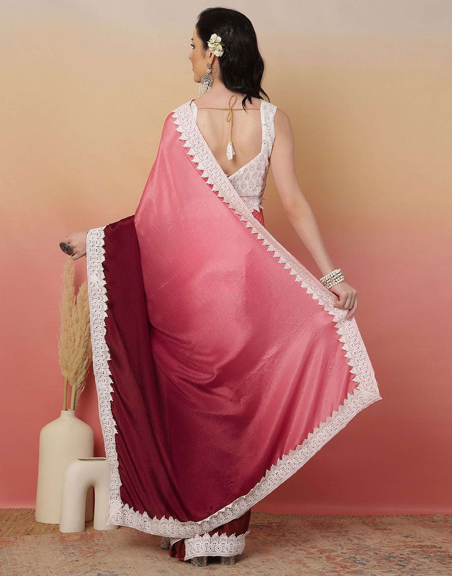 Pink Chiffon Lace Plain Saree