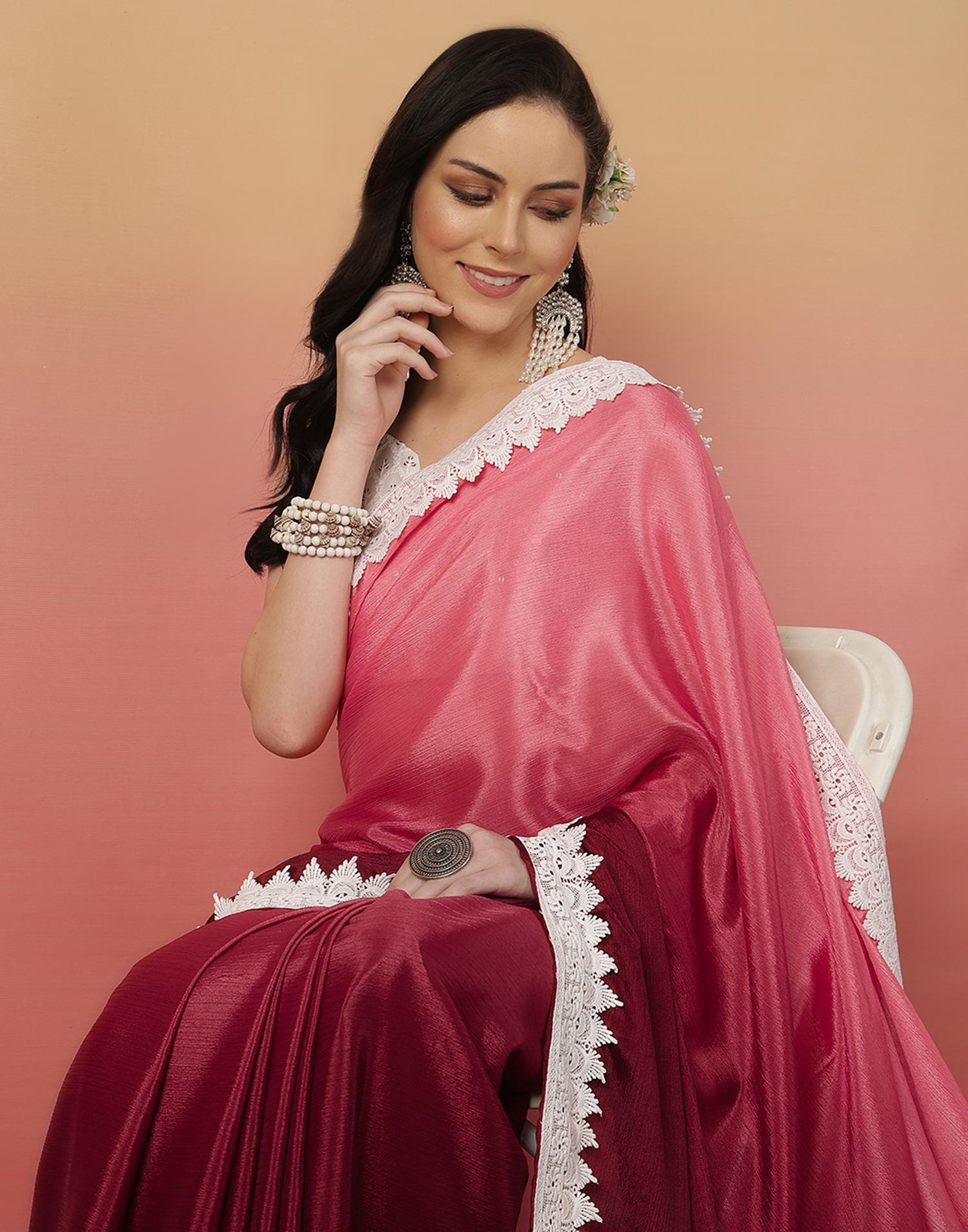 Pink Chiffon Lace Plain Saree