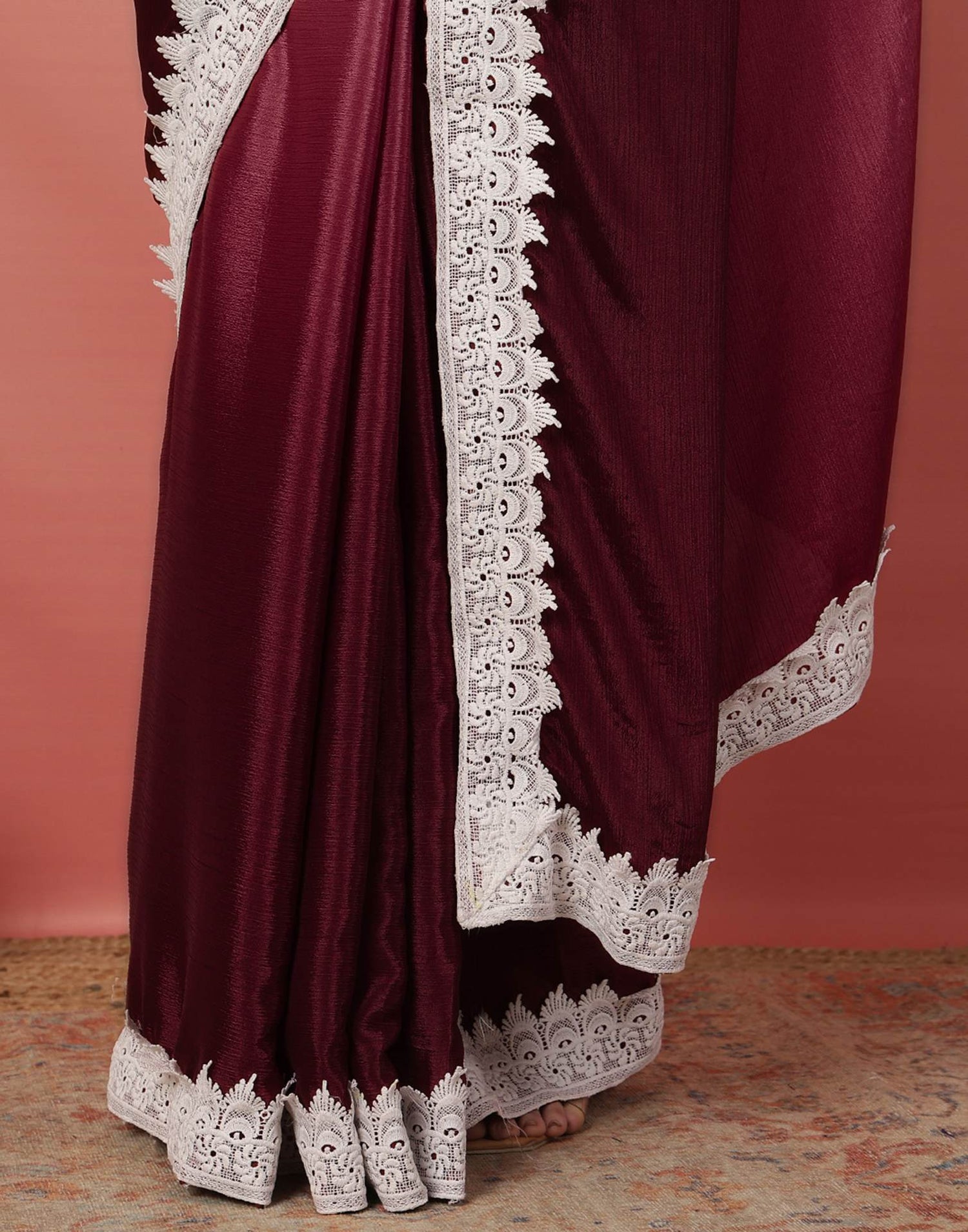 Pink Chiffon Lace Plain Saree