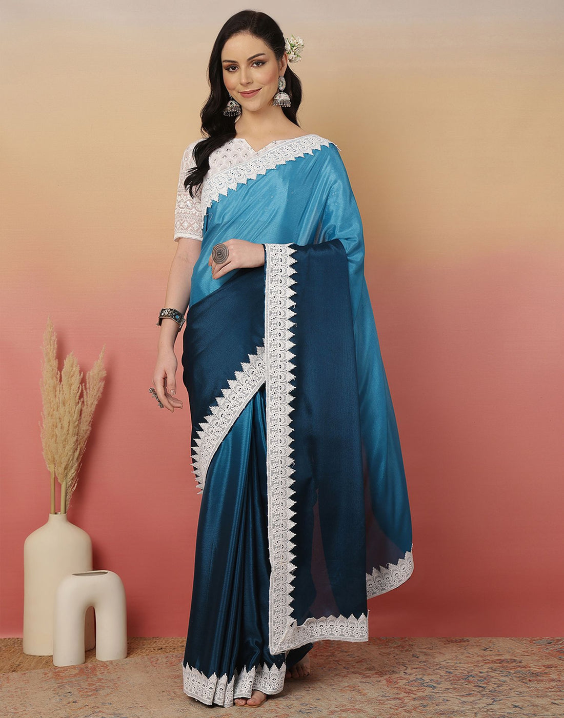 Blue Chiffon Lace Plain Saree