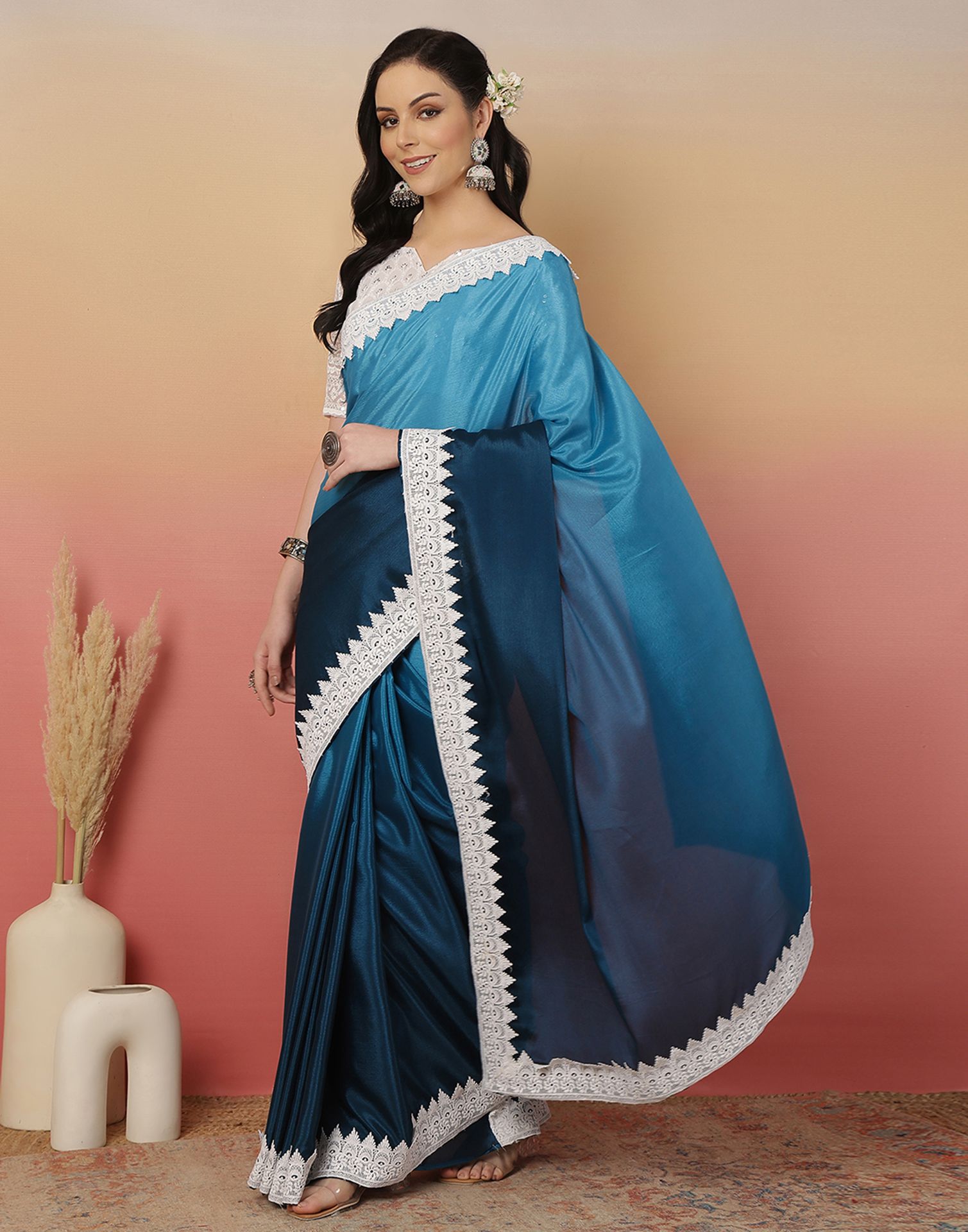 Blue Chiffon Lace Plain Saree