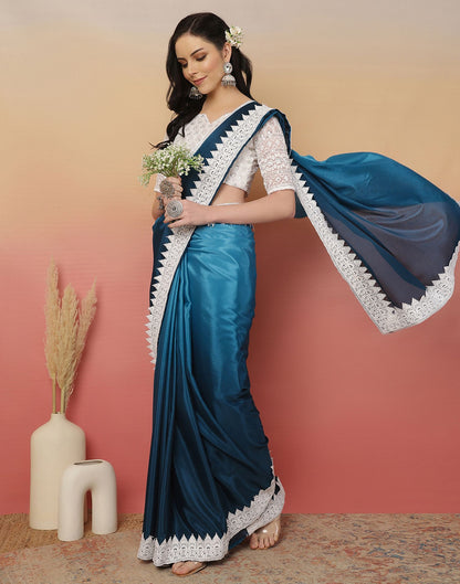 Blue Chiffon Lace Plain Saree