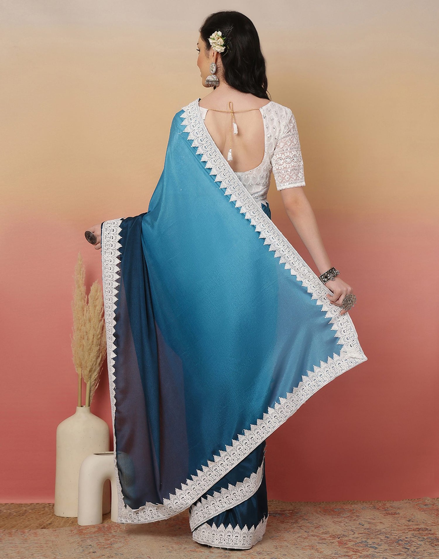 Blue Chiffon Lace Plain Saree