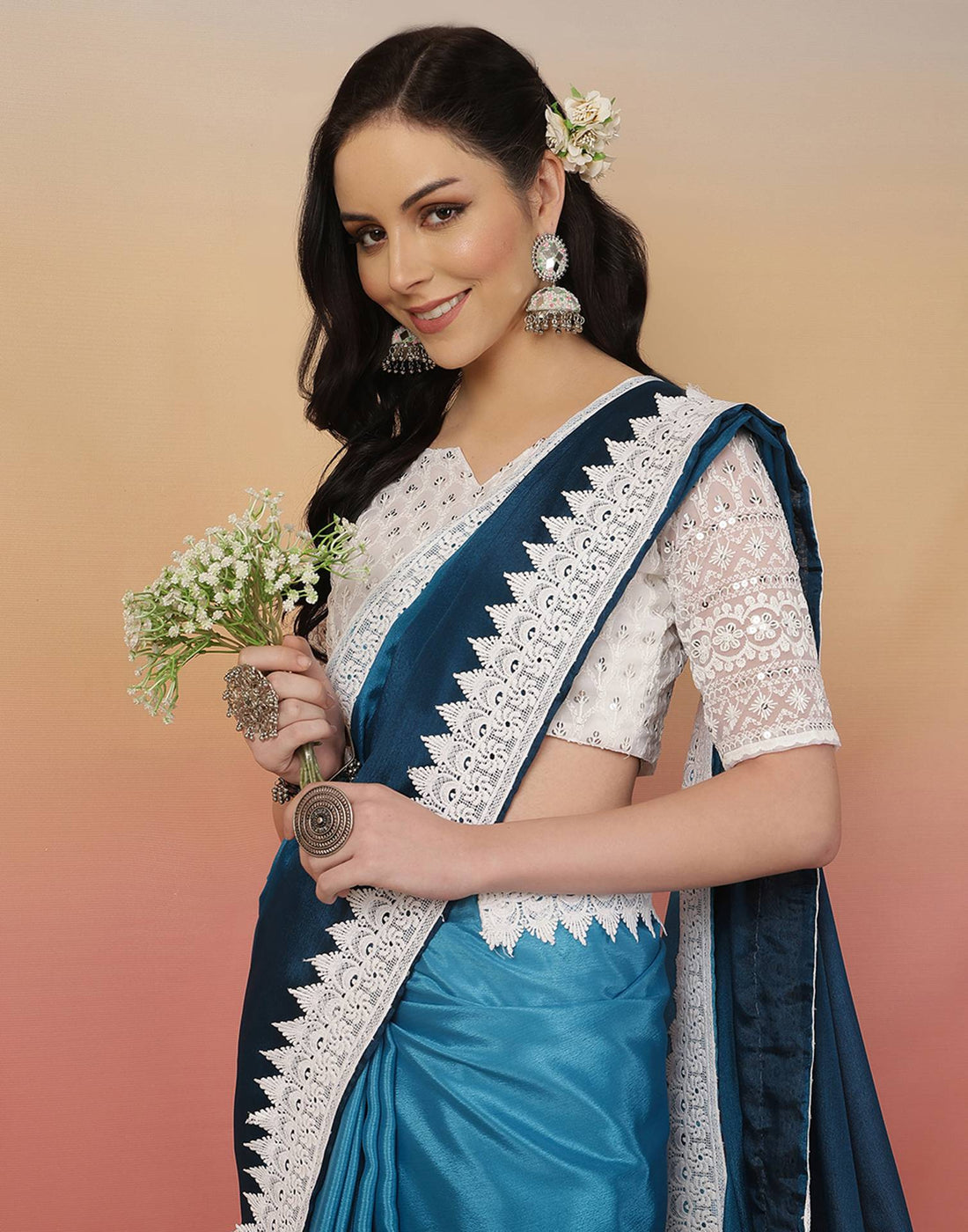 Blue Chiffon Lace Plain Saree