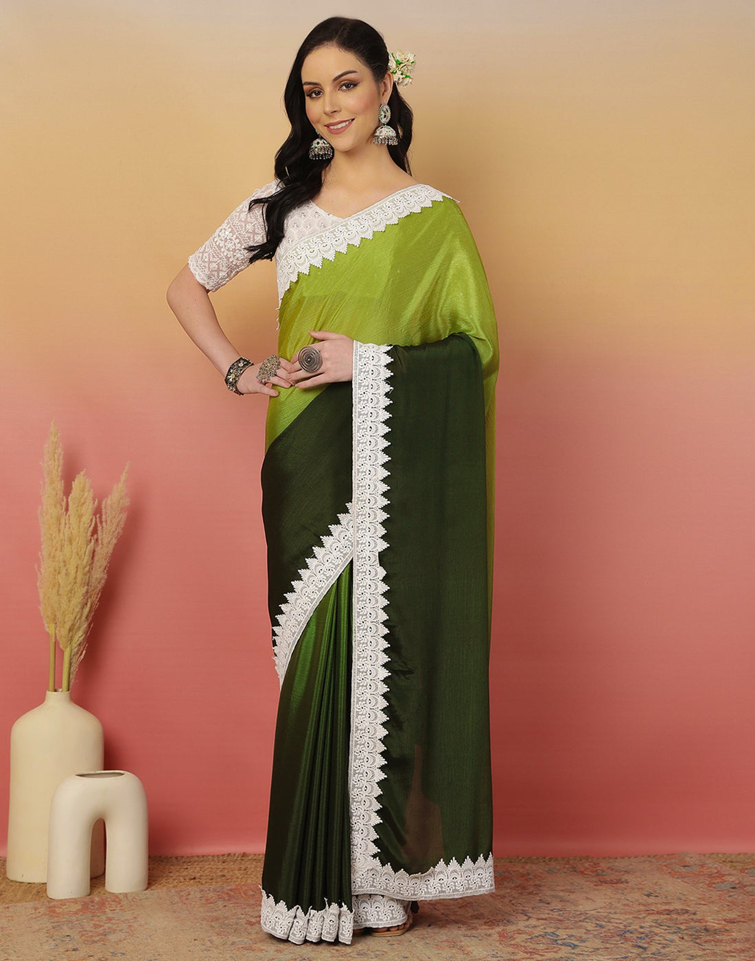 Light Green Chiffon Lace Plain Saree