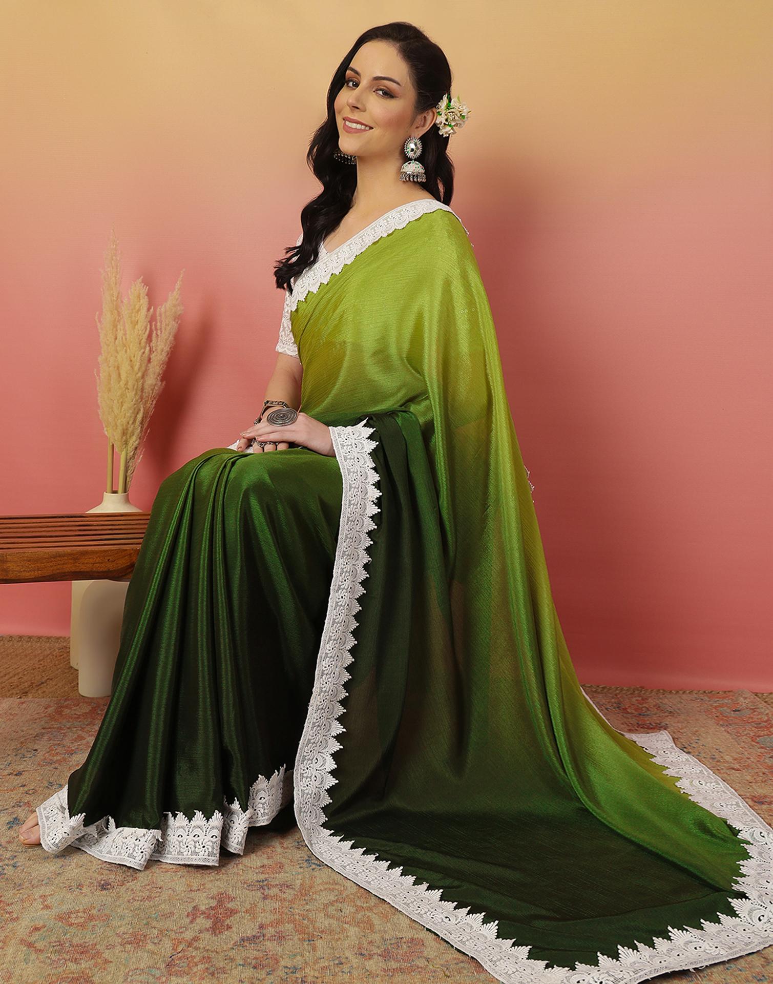 Light Green Chiffon Lace Plain Saree