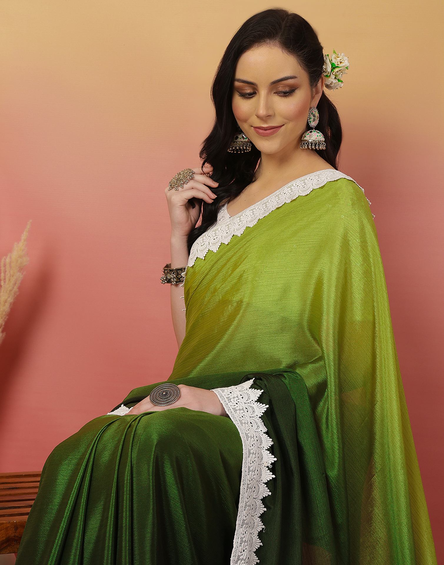 Light Green Chiffon Lace Plain Saree
