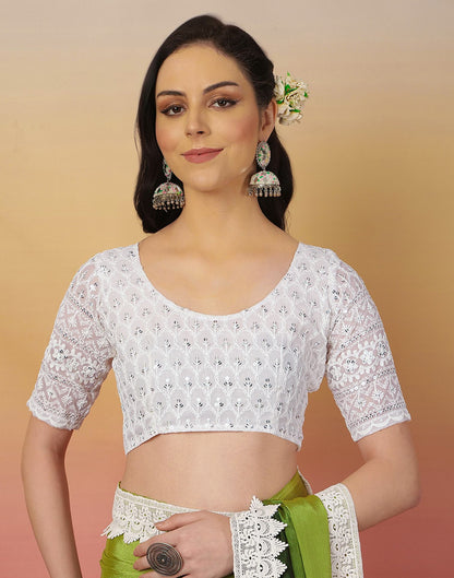 Light Green Chiffon Lace Plain Saree